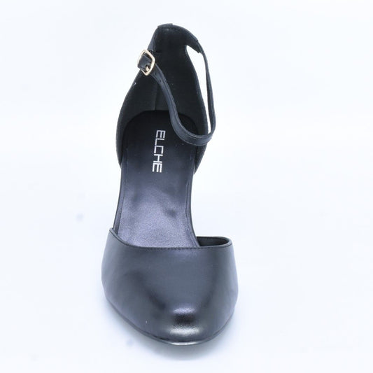 Black sandal with a strap on a white background